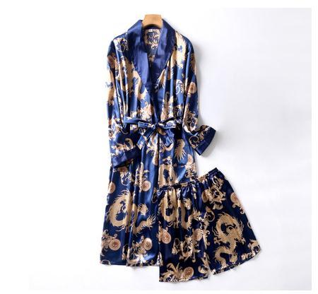 Two-Pieces Silk Nightgown Satin male Sleepwear Loose Animal Silky Long Sleeve Robe and Long Pants bathrobe set for Men