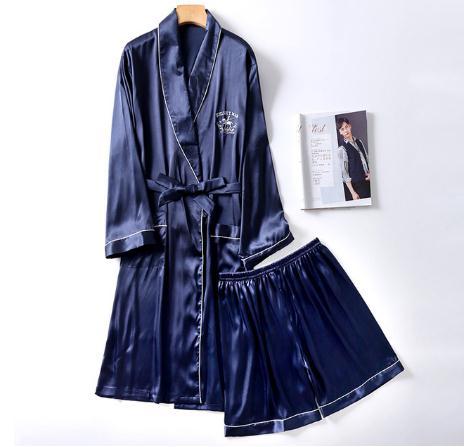 Two-Pieces Silk Nightgown Satin male Sleepwear Loose Animal Silky Long Sleeve Robe and Long Pants bathrobe set for Men