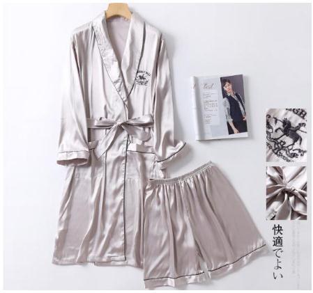 Two-Pieces Silk Nightgown Satin male Sleepwear Loose Animal Silky Long Sleeve Robe and Long Pants bathrobe set for Men
