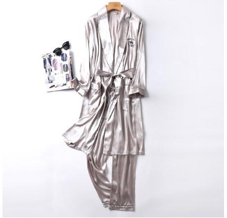 Two-Pieces Silk Nightgown Satin male Sleepwear Loose Animal Silky Long Sleeve Robe and Long Pants bathrobe set for Men