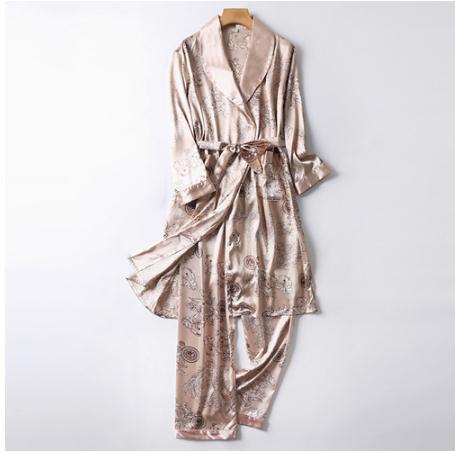 Two-Pieces Silk Nightgown Satin male Sleepwear Loose Animal Silky Long Sleeve Robe and Long Pants bathrobe set for Men