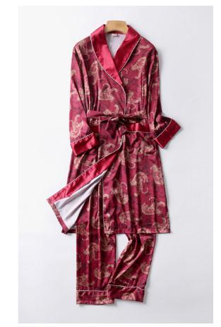 Two-Pieces Silk Nightgown Satin male Sleepwear Loose Animal Silky Long Sleeve Robe and Long Pants bathrobe set for Men