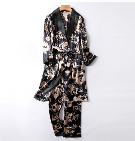 Two-Pieces Silk Nightgown Satin male Sleepwear Loose Animal Silky Long Sleeve Robe and Long Pants bathrobe set for Men