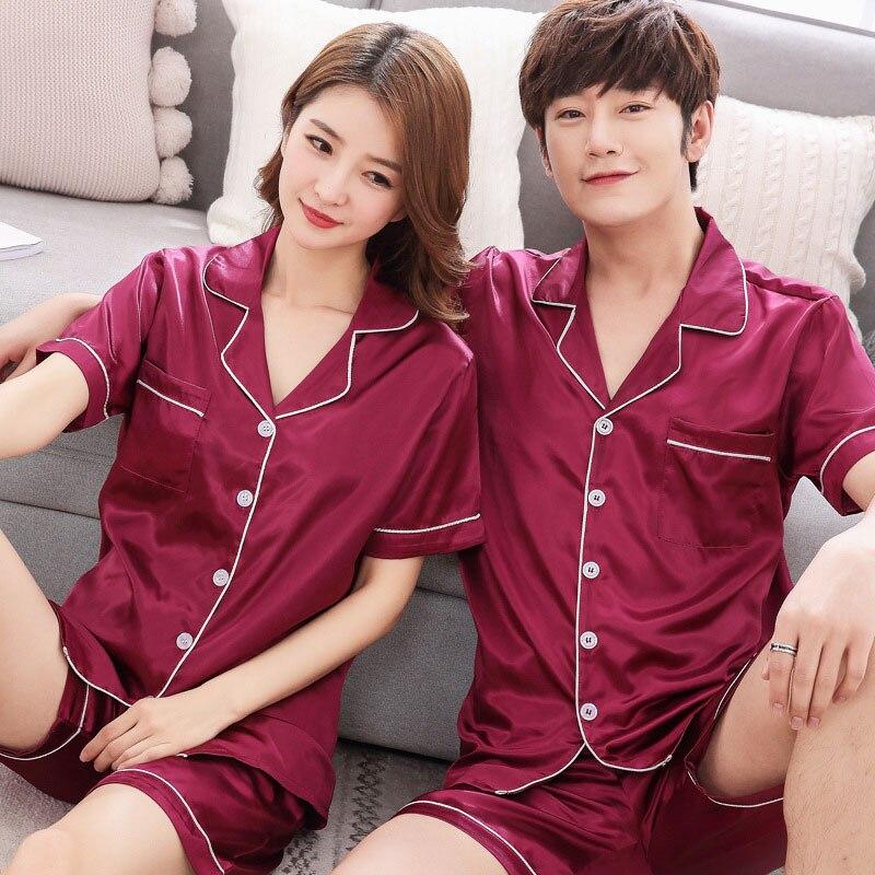 Summer Men Pyjama Set Solid Faux Silk Men Pajama Suit Short Sleeve Satin Pajama Man Sleepwear Pajamas Male Nightgown for Couples
