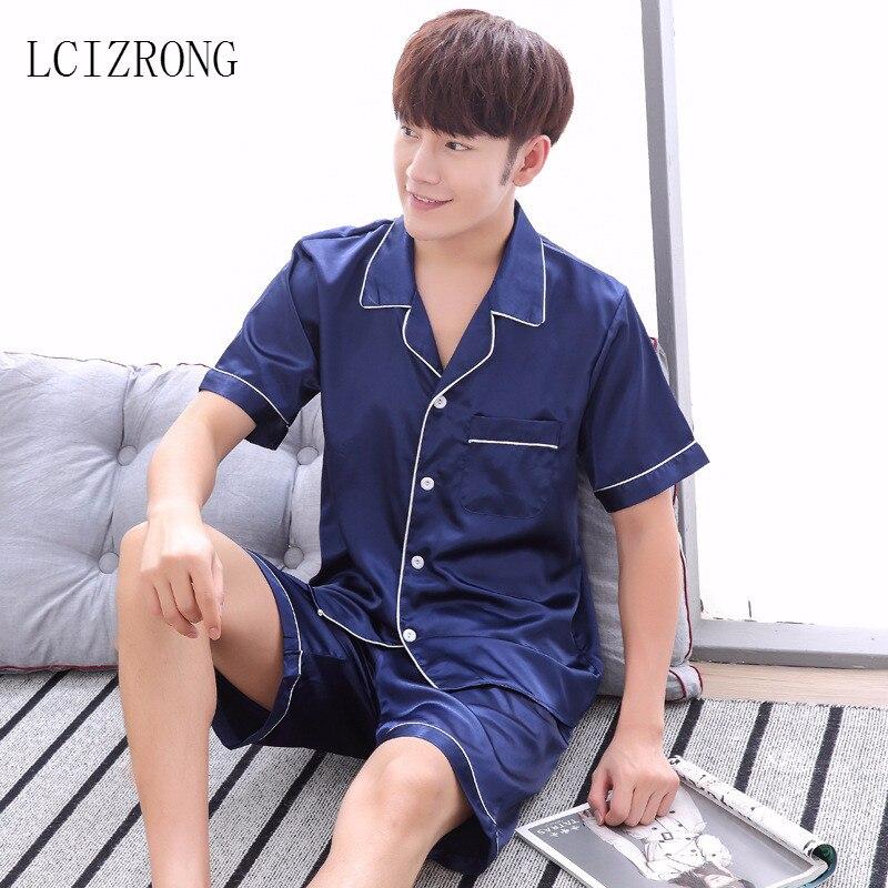Men's Silk Pajama Set Men Pajamas Silk Sleepwear T-shirt + Shorts Male Soft Satin Nightgown Men Summer Pijama Home Clothing