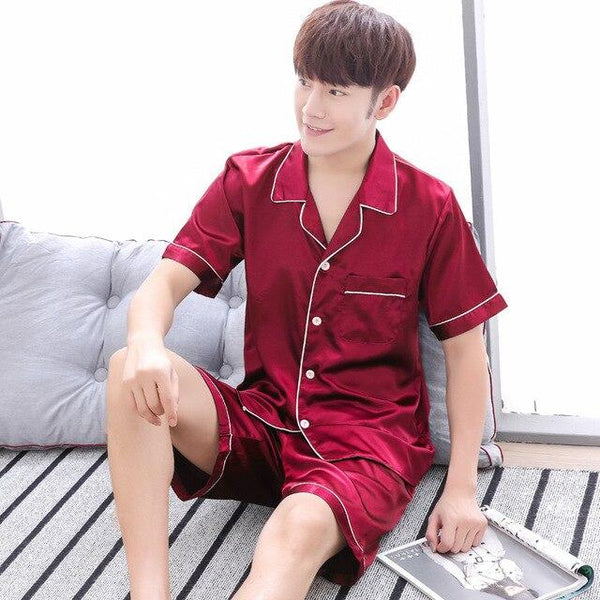 Men's Silk Pajama Set Men Pajamas Silk Sleepwear T-shirt + Shorts Male Soft Satin Nightgown Men Summer Pijama Home Clothing