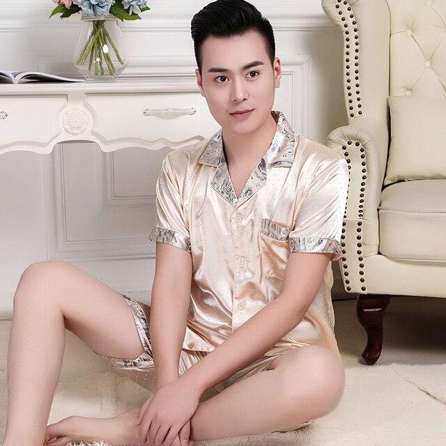 2019 summer satin silk pajamas shorts for men rayon silk sleepwear male pajama set soft nightgown for men pyjamas