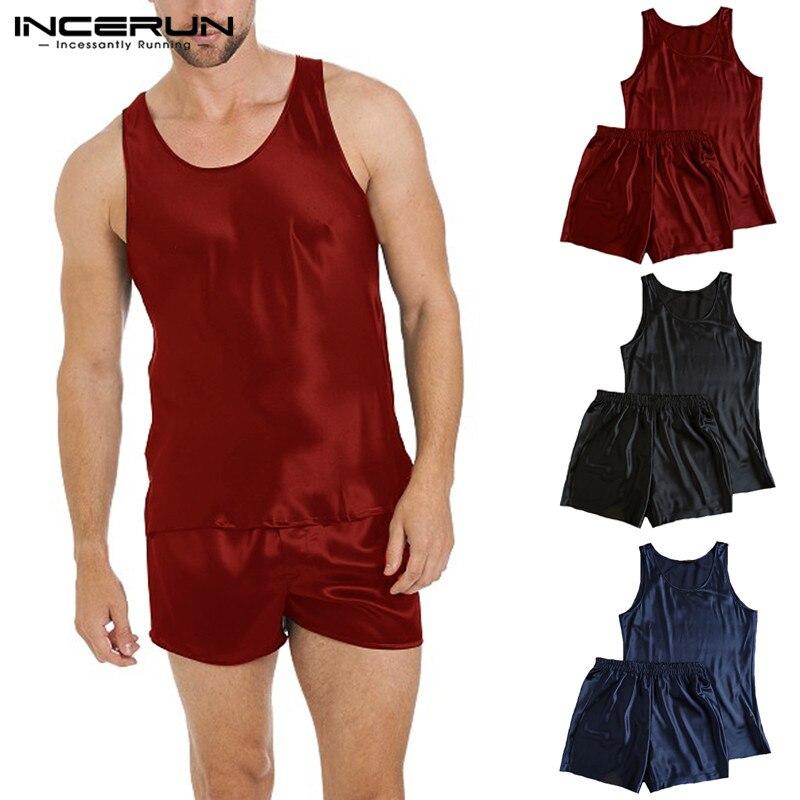 INCERUN Men Silk Satin Pajamas Set Homewear Breathable Sleeveless Vest Shorts Nightgown Soft Men Sleepwear Set Pyjamas Summer
