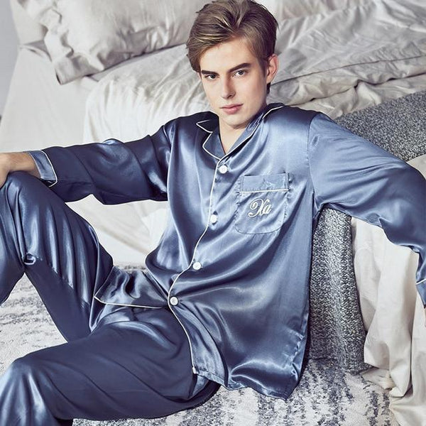 2019 pijama men pajamas set breathable soft silk homewear striped tops +pants nightgown pyjamas comfy men sleepwear set