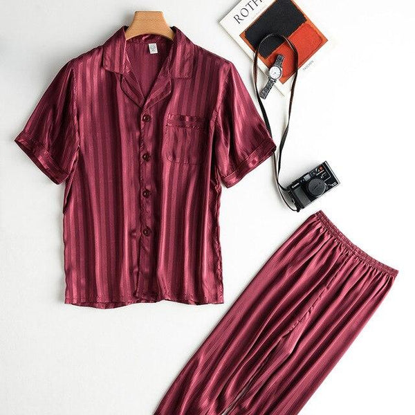 2019 pijama men pajamas set breathable soft silk homewear striped tops +pants nightgown pyjamas comfy men sleepwear set