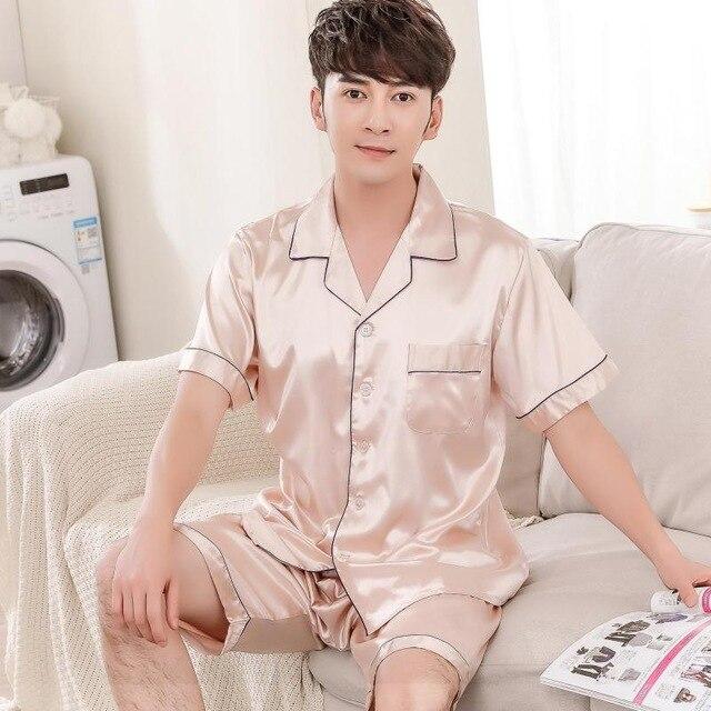 2019 summer satin silk pajamas shorts for men sleepwear male pajama set soft nightgown for men pyjamas sleep lounge big