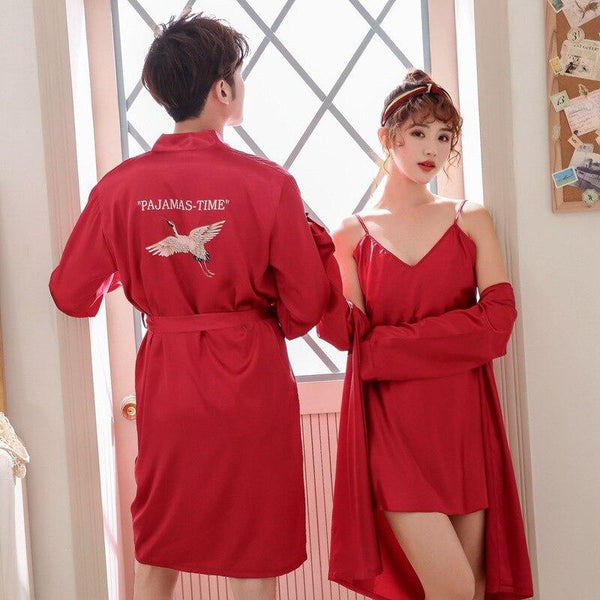 Bridal Gown Wedding Silk Bathrobe Couple Nightgown Ladies Nightdress 2-piece Men's Robe Crane Gown Satin Dress Bridesmaid Robes
