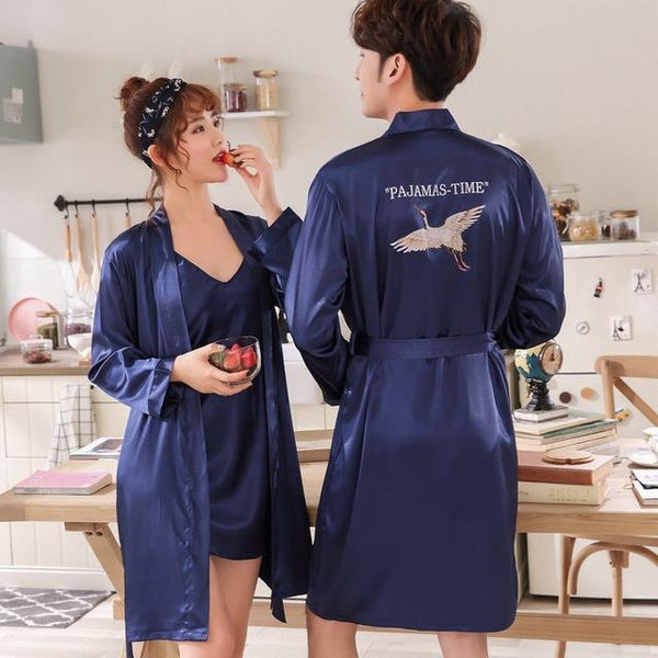 Bridal Gown Wedding Silk Bathrobe Couple Nightgown Ladies Nightdress 2-piece Men's Robe Crane Gown Satin Dress Bridesmaid Robes
