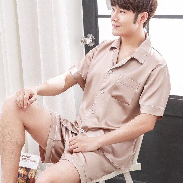 Satin Silk Pajamas Shorts For Men Summer Sleepwear Male Pajama Set Soft Nightgown For Men Pyjamas Sleep Lounge Big Size L-3XL