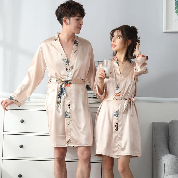 2PCS Sexy Couples Silk Satin Robes Set for Women New Spring Long Sleeve Floral Print Nightgown Sleepwear Men Bathrobe Nightdress