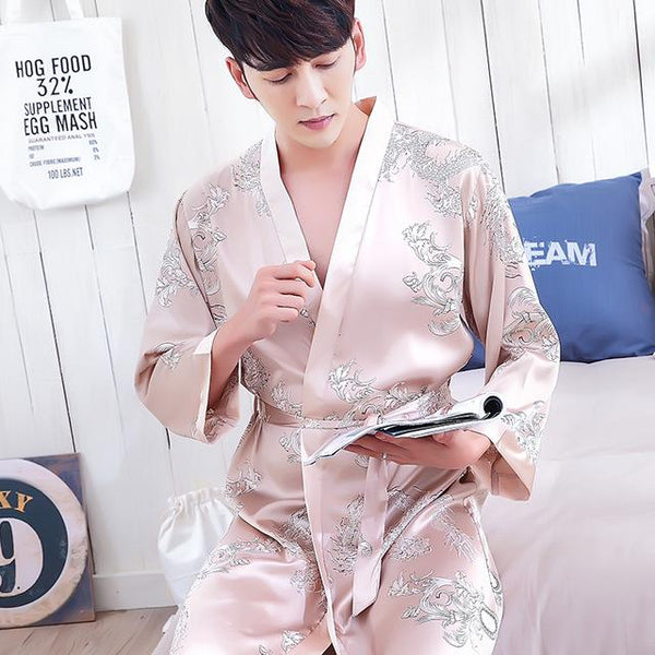 2019 men stain silk pajama set men pajamas silk sleepwear robe soft cozy satin nightgown men dragon print couple pajamas