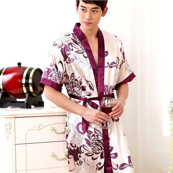 2019 men stain silk pajama set men pajamas silk sleepwear robe soft cozy satin nightgown men dragon print couple pajamas