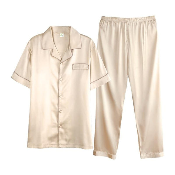 High-grade Gold Satin Silk Pajamas Short Sleeve For Men Silk Long Pants Sleepwear Summer Male Pajama Set Soft Nightgown For Men