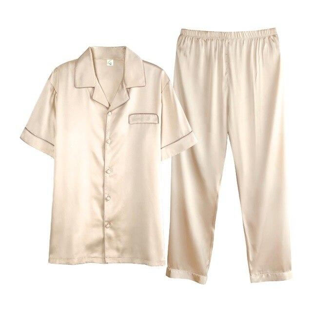 High-grade Gold Satin Silk Pajamas Short Sleeve For Men Silk Long Pants Sleepwear Summer Male Pajama Set Soft Nightgown For Men
