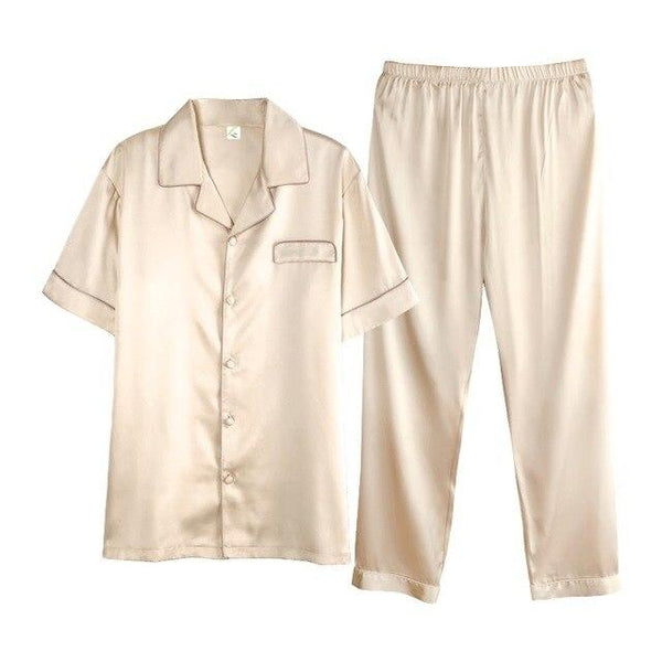 High-grade Gold Satin Silk Pajamas Short Sleeve For Men Silk Long Pants Sleepwear Summer Male Pajama Set Soft Nightgown For Men