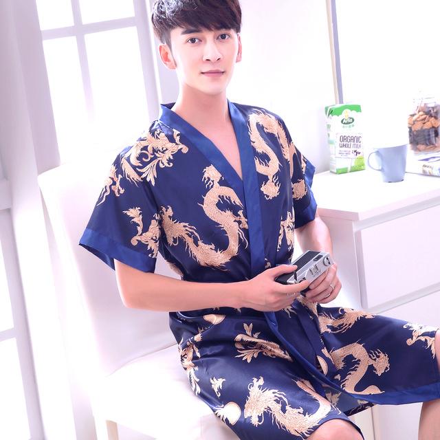 2019 men stain silk pajama set men pajamas silk sleepwear robe soft cozy satin nightgown men dragon print couple pajamas