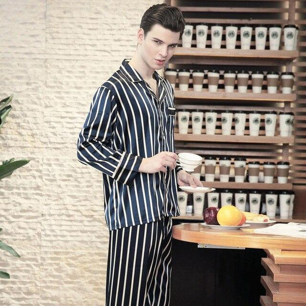 Men's Stripe Silk Pajama Set Men Pajamas Silk Sleepwear Men Sexy Modern Style Soft Cozy Satin Nightgown Men Summer