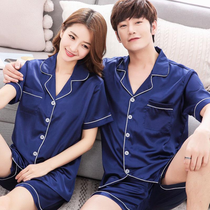 Man Sleepwear Pajamas Male Nightgown L-XXXL Summer Men Pyjama Set Solid Imitate Silk Men Pajama Suit Short Sleeve Satin Pajama