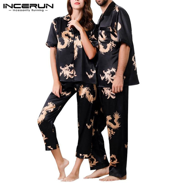 INCERUN 2019 Mens Pajamas Set Chinese Style Print Silk Satin Short Sleeve Tops Pants Loose Female Nightgown Men Sleepwear Sets