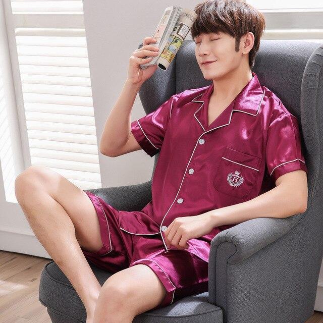 Satin Silk Pajamas Shorts For Men Summer Sleepwear Male Pajama Set Soft Nightgown For Men Pyjamas Sleep Lounge Big Size L-3XL