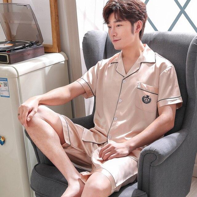 Satin Silk Pajamas Shorts For Men Summer Sleepwear Male Pajama Set Soft Nightgown For Men Pyjamas Sleep Lounge Big Size L-3XL