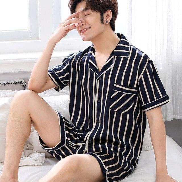 Satin Silk Pajamas Shorts For Men Summer Sleepwear Male Pajama Set Soft Nightgown For Men Pyjamas Sleep Lounge Big Size L-3XL