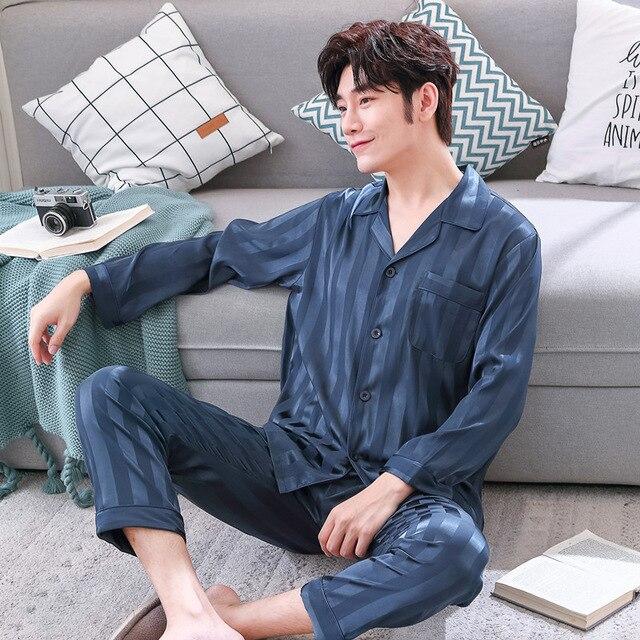 2019 summer satin silk pajamas long for men sleepwear male pajama set soft nightgown for men pyjamas sleep lounge big