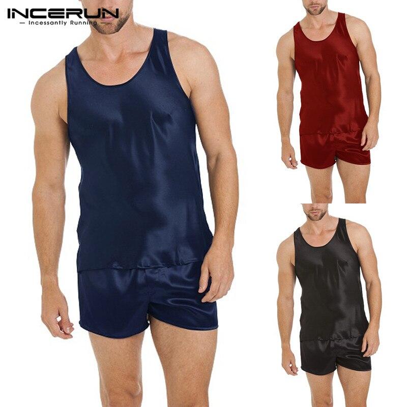 Comfortable Mens Stain Silk Pajamas Suit Soft Summer 2pcs/set Sleepwear Lounge Big Robe Sleeveless Tank Shorts Soft Nightgown