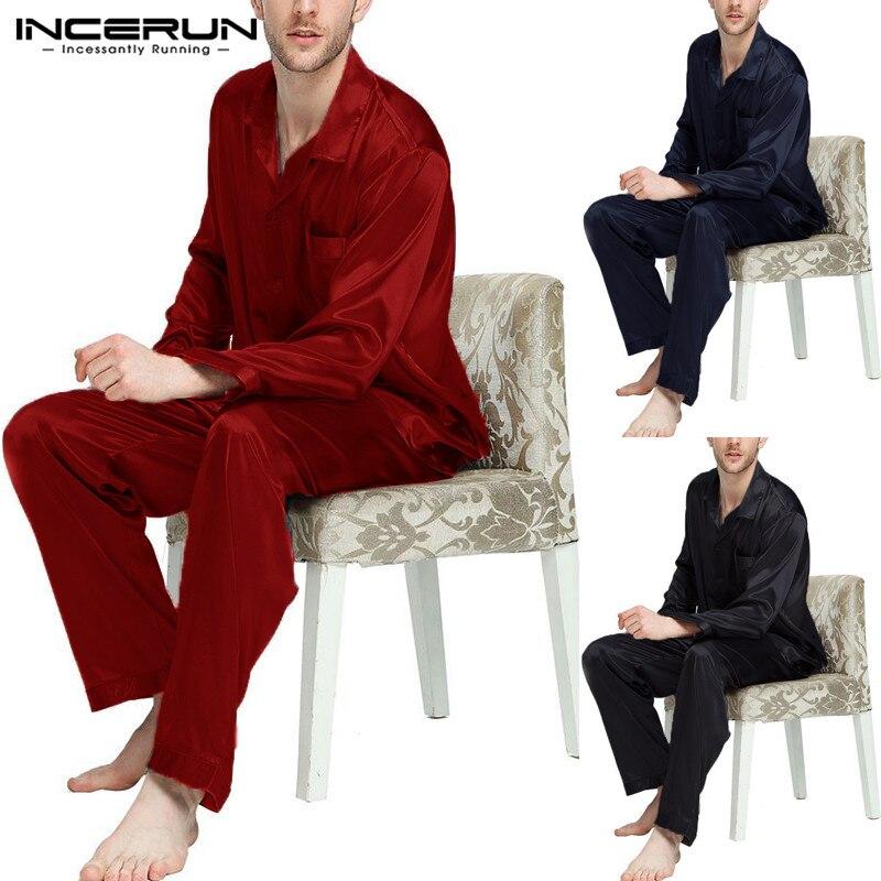 INCERUN Silk Satin Men Pajamas Sets Long Sleeve Sleepwear Set Solid Soft Comfortable Nightgown Button Tops Pants Homewear 2019