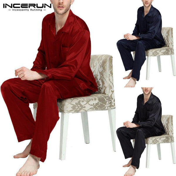 INCERUN Silk Satin Men Pajamas Sets Long Sleeve Sleepwear Set Solid Soft Comfortable Nightgown Button Tops Pants Homewear 2019