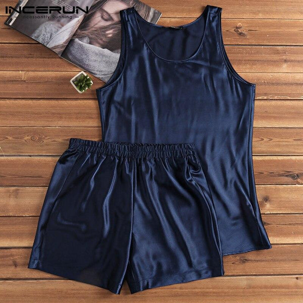 INCERUN 2019 Summer Silk Satin Men Pajamas Set Homewear Sleeveless Vest Shorts Leisure Soft Men Sleepwear Set Nightgown Pyjamas