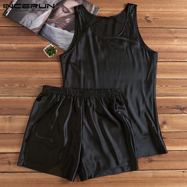 INCERUN 2019 Summer Silk Satin Men Pajamas Set Homewear Sleeveless Vest Shorts Leisure Soft Men Sleepwear Set Nightgown Pyjamas
