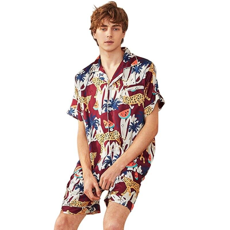 New Pijama Hombre Pajamas Set Men Summer Silk Pajama Sleepwear for Men Short Sleeve Pyjamas Sleep Lounge Nightgown Size XL-2XL