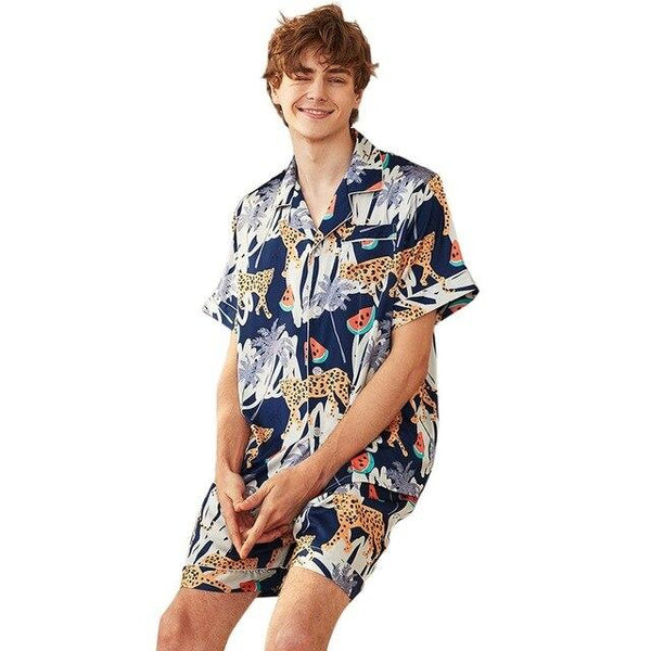 New Pijama Hombre Pajamas Set Men Summer Silk Pajama Sleepwear for Men Short Sleeve Pyjamas Sleep Lounge Nightgown Size XL-2XL
