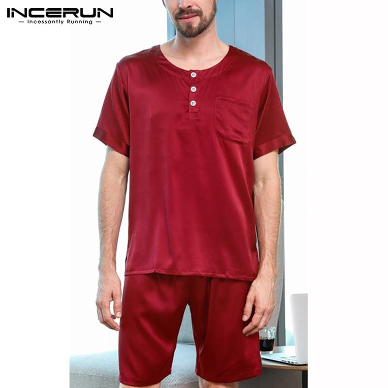 INCERUN 2019 Silk Satin Men Pajamas Set Sleepwear Suit Summer Short Sleeve Tops Homewear Soft Shorts Pyjamas Nightgown Set S-5XL