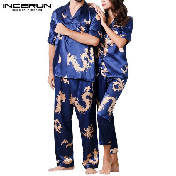 INCERUN 2019 Summer Fashion Men Pajamas Set Silk Satin Print Loose Short Sleeve Tops Pants Leisure Men Sleepwear Sets Nightgown