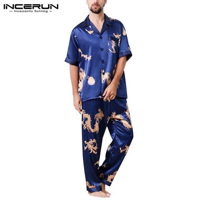INCERUN 2019 Summer Fashion Men Pajamas Set Silk Satin Print Loose Short Sleeve Tops Pants Leisure Men Sleepwear Sets Nightgown