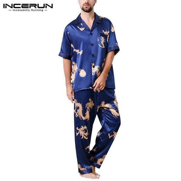 INCERUN 2019 Summer Fashion Men Pajamas Set Silk Satin Print Loose Short Sleeve Tops Pants Leisure Men Sleepwear Sets Nightgown