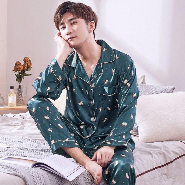 Pajamas Men Summer Ice Silk Long Sleeves Leisure Thin Style Sleepwear Teenagers Spring Autumn Home Clothing Nightgown Suit H5600