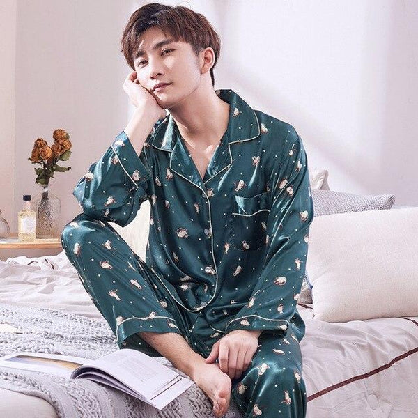 Pajamas Men Summer Ice Silk Long Sleeves Leisure Thin Style Sleepwear Teenagers Spring Autumn Home Clothing Nightgown Suit H5600