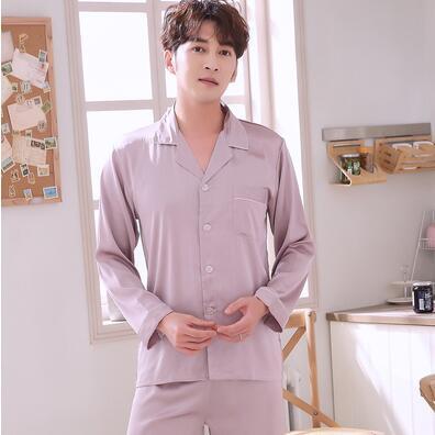 Pajamas Men Summer Ice Silk Long Sleeves Leisure Thin Style Sleepwear Teenagers Spring Autumn Home Clothing Nightgown Suit H5600