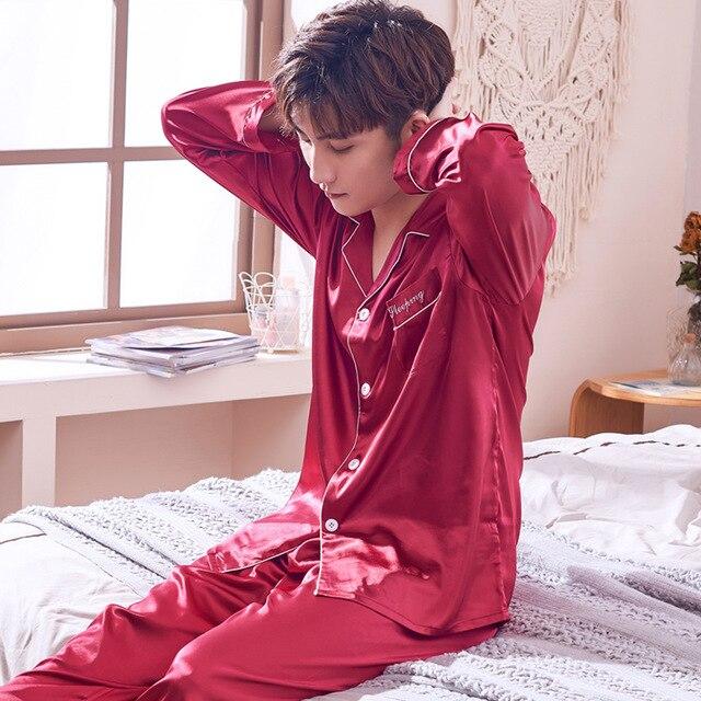 Pajamas Men Summer Ice Silk Long Sleeves Leisure Thin Style Sleepwear Teenagers Spring Autumn Home Clothing Nightgown Suit H5600