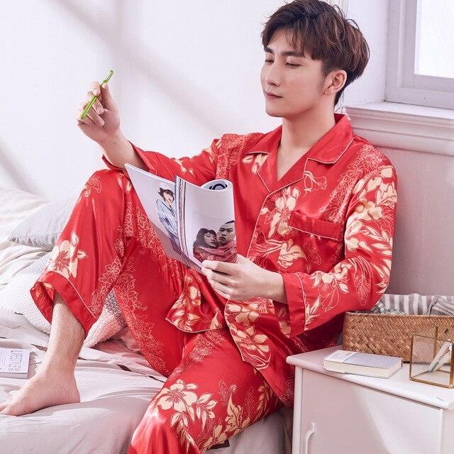 Pajamas Men Summer Ice Silk Long Sleeves Leisure Thin Style Sleepwear Teenagers Spring Autumn Home Clothing Nightgown Suit H5600