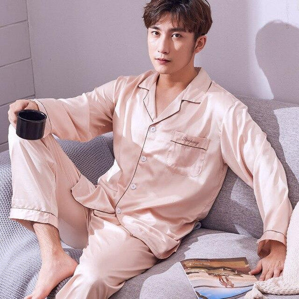 Pajamas Men Summer Ice Silk Long Sleeves Leisure Thin Style Sleepwear Teenagers Spring Autumn Home Clothing Nightgown Suit H5600