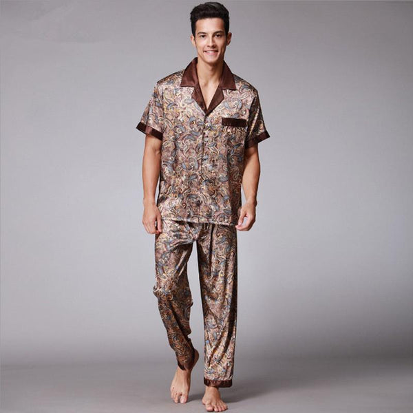 Paisley Silk Pajamas Men Summer Short Sleeve Satin Sleepwear Male Plus Size plus size Dressing Gown Nightgown